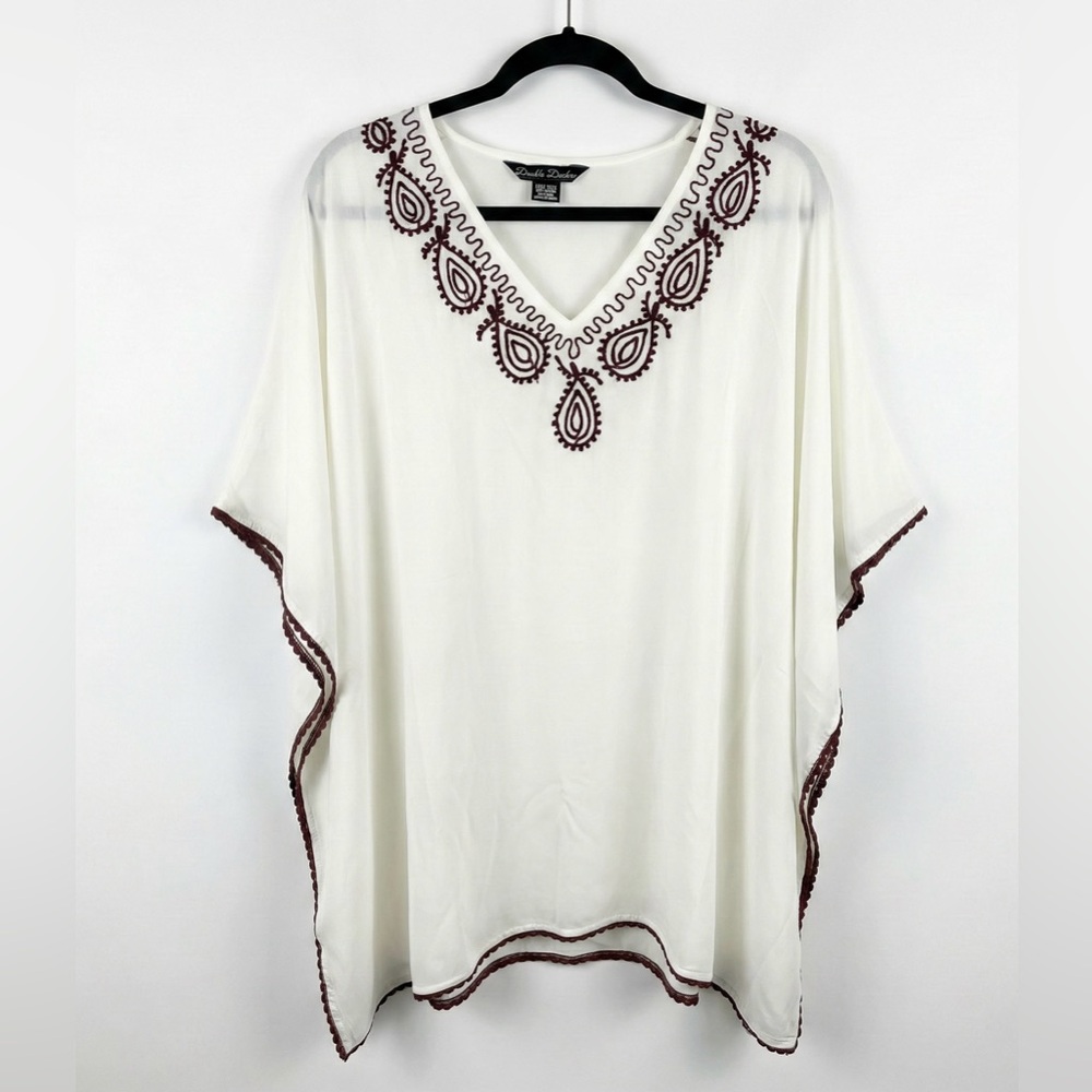 Double Decker White Rayon Kaftan Tunic Top Embroidered V-Neck Boho Beach Coverup